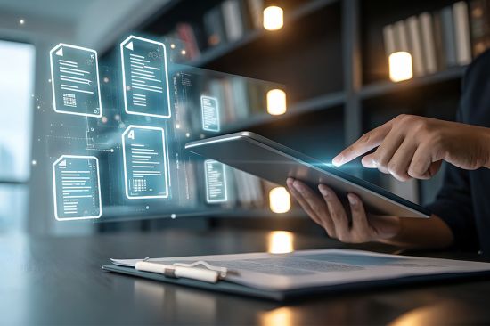 © Art - stock.adobe.com Foto: Mann mit Laptop und digitalen Dokumenten